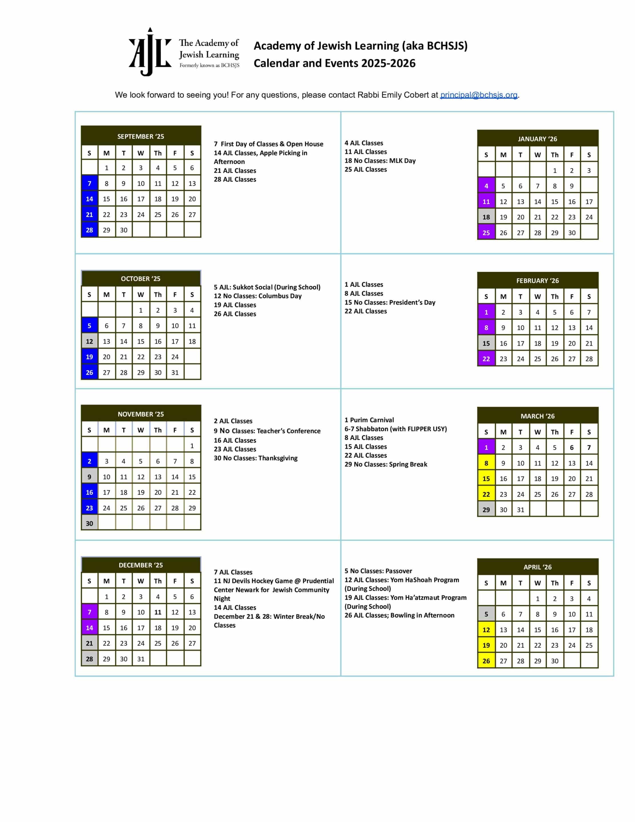 page 1 of BCHSJS 2024 - 2025 school year calendar